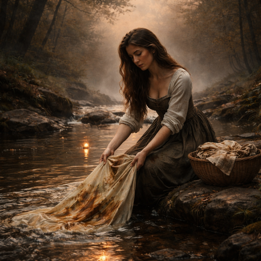 İskoç folklorunda Bean Nighe figürünü temsil eden genç bir kadın, sisli bir dere kenarında çamaşır yıkarken tasvir ediliyor.