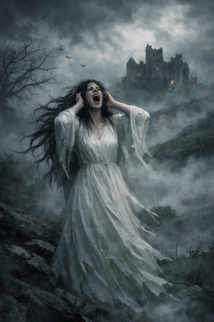 İrlanda folklorunda Banshee figürünü temsil eden genç bir kadın, sisli bir manzarada betimleniyor.