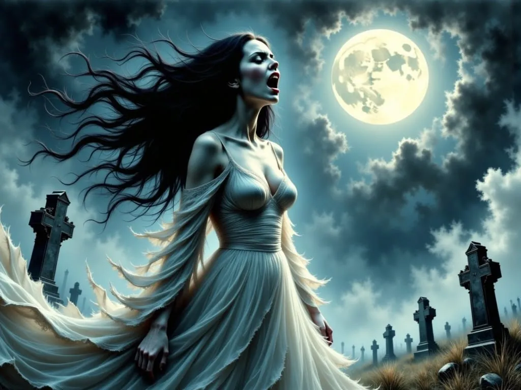 dolunaylı bir gecede mezarlıkta bir kadın çığlık atarken tasfir edilmiş